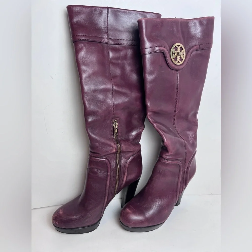 TORY BURCH wine/eggplant leather gold logo platform heeled knee high boots 8